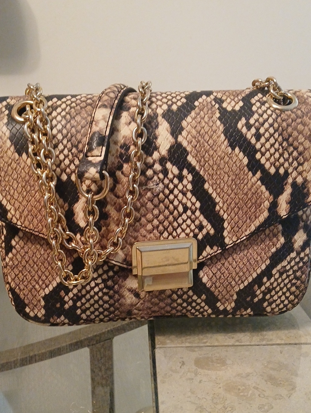New Aldo Snake-Print Chain Shoulder Bag in Beige and Black